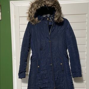 London Fog Dark Blue Puffer Coat with Faux Fur Hood